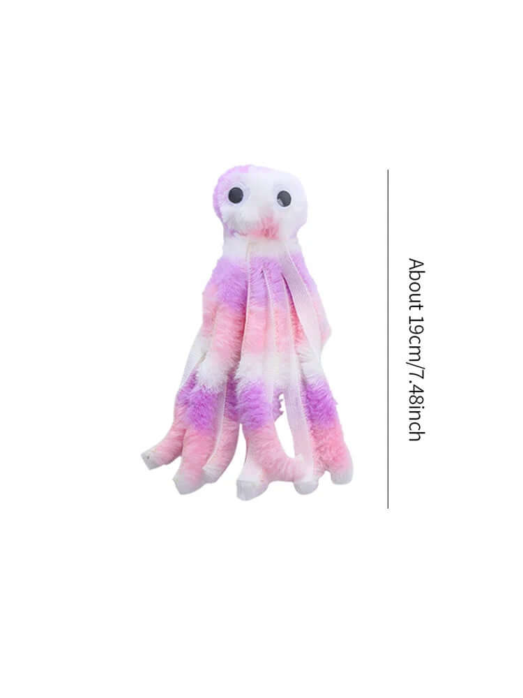 Colorful plush octopus toy on a white background with dimensions indicated.