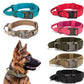 Collection of dog collars in various colors with a German Shepherd wearing a green collar.