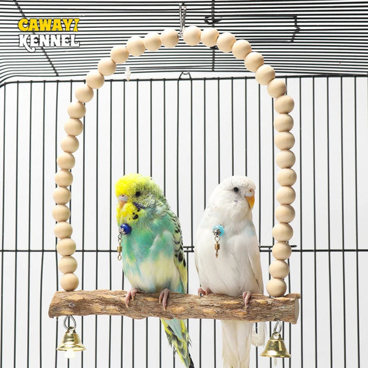 Wooden Bird Swings Training Toy with Hanging Bell for Cockatiels Parakeets Cage Accessories Birdcage Parrot Perch Stand Play Gym
