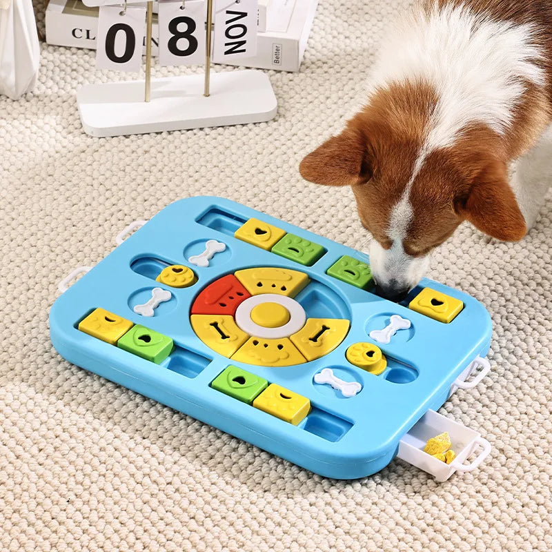 Dog interacting with a colorful puzzle toy on a carpeted floor.