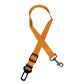 Orange seat belt strap with a metal clip on a white background