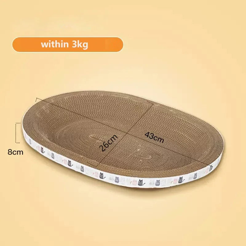 Cat scratcher pad with dimensions on a beige background