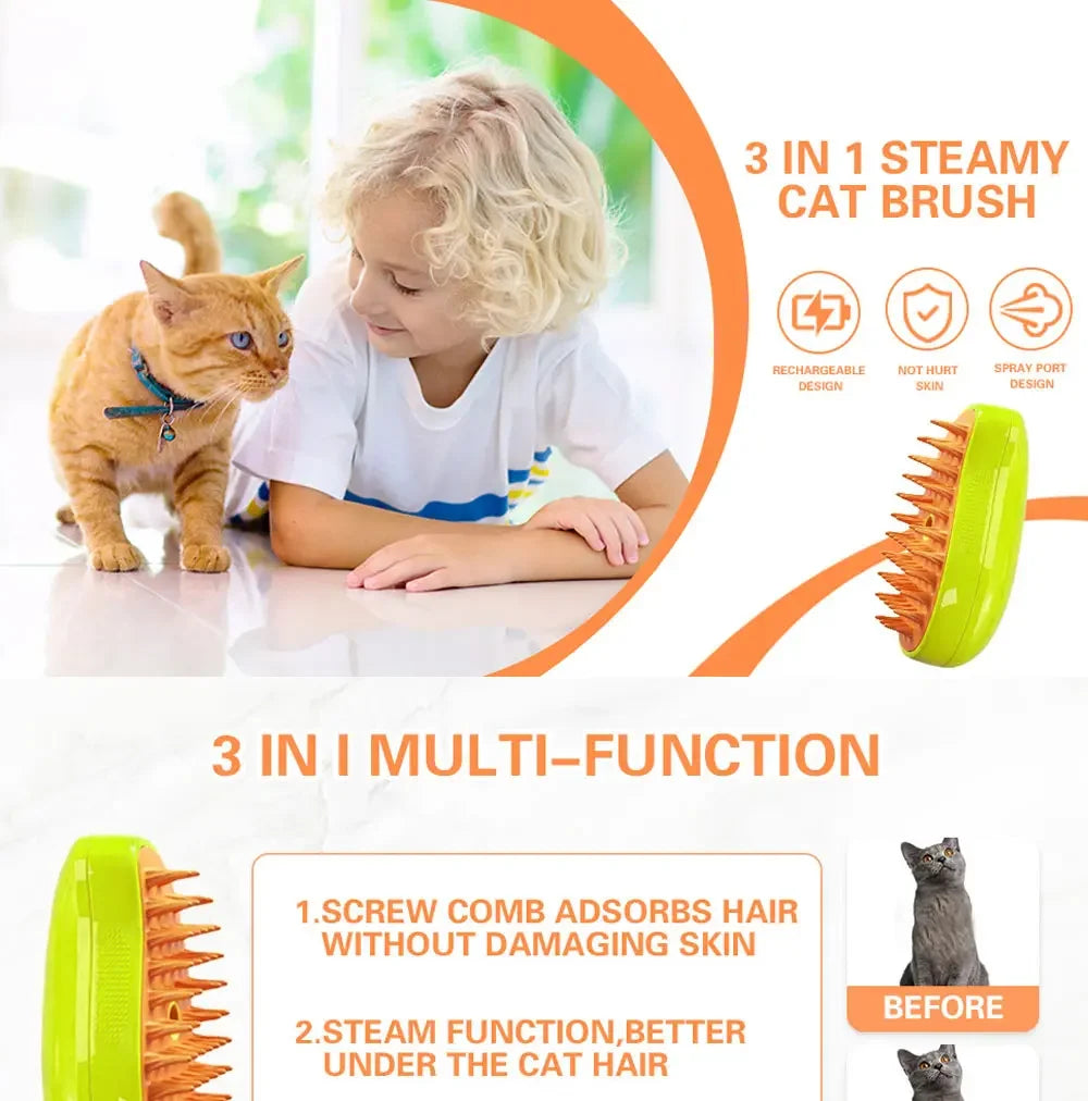 3-in-1 steamy cat brush with a child and cat on a white background