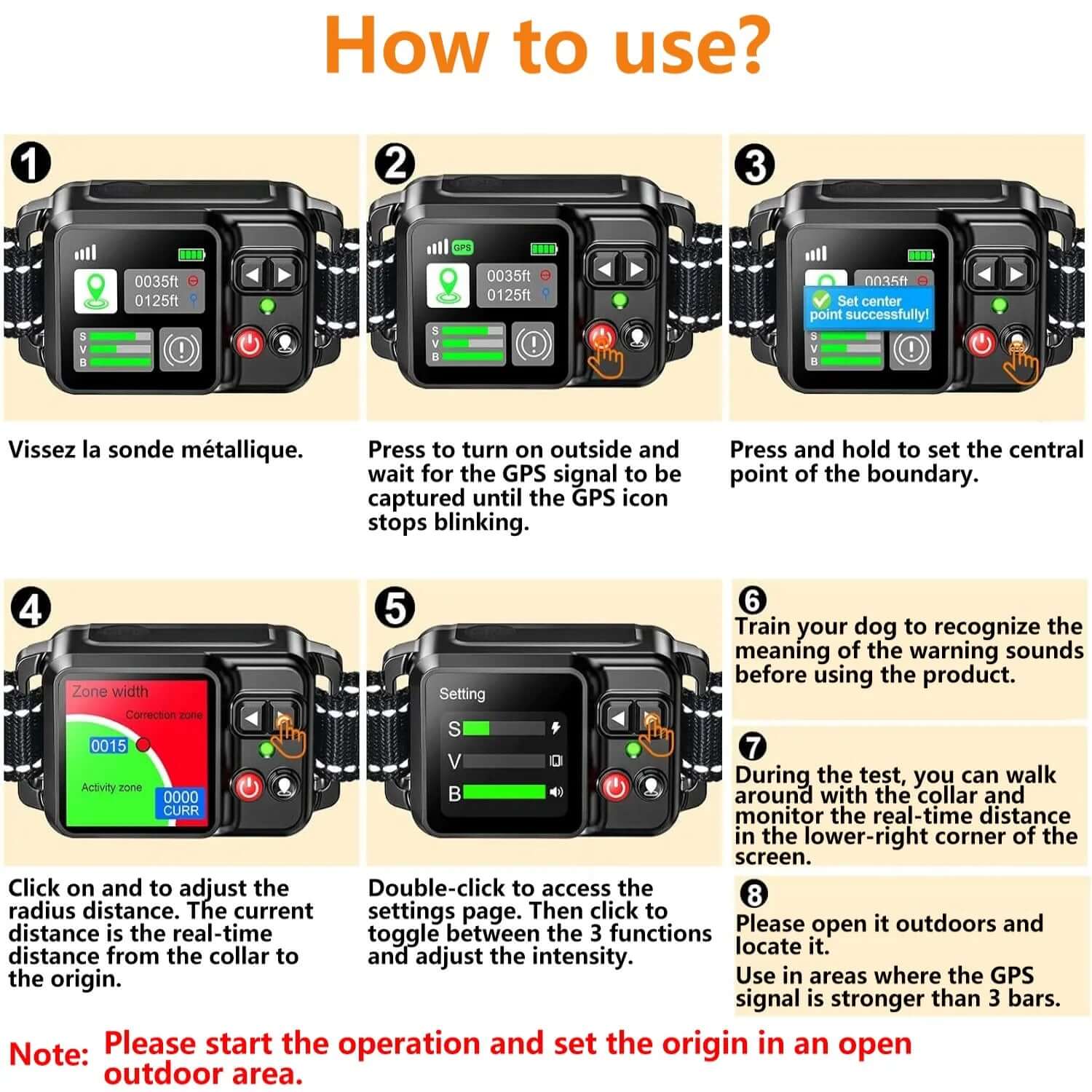 Instructions on how to use a dog training device with images and text.