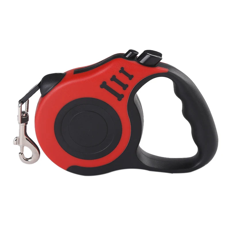 Red and black retractable dog leash on a white background