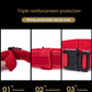 Red belt with triple reinforcement protection features on a black background