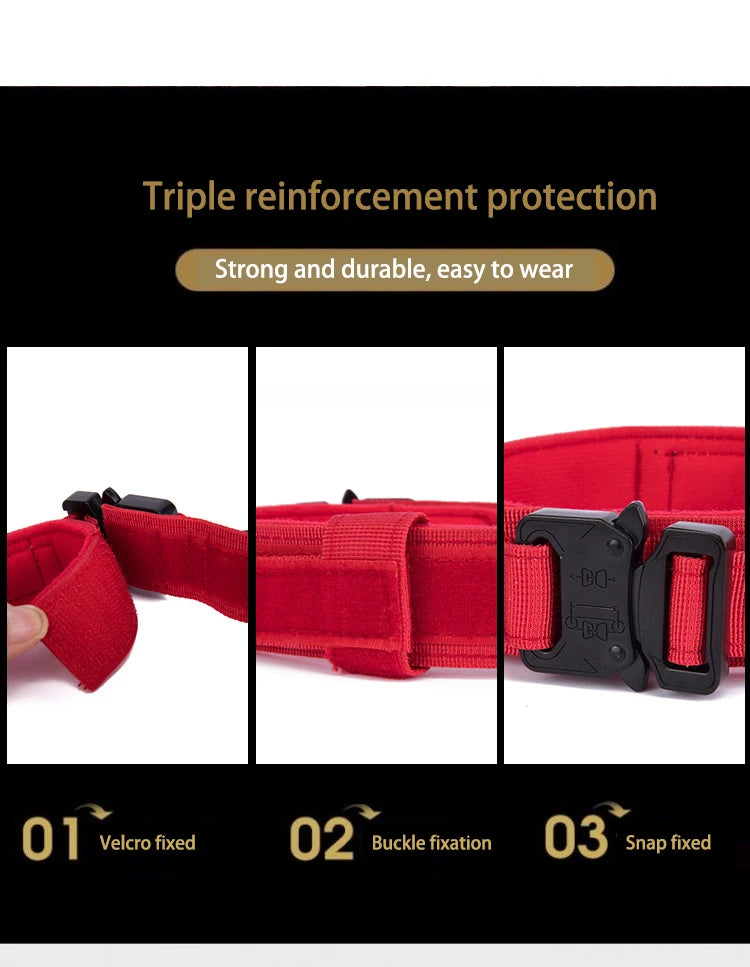 Red belt with triple reinforcement protection features on a black background