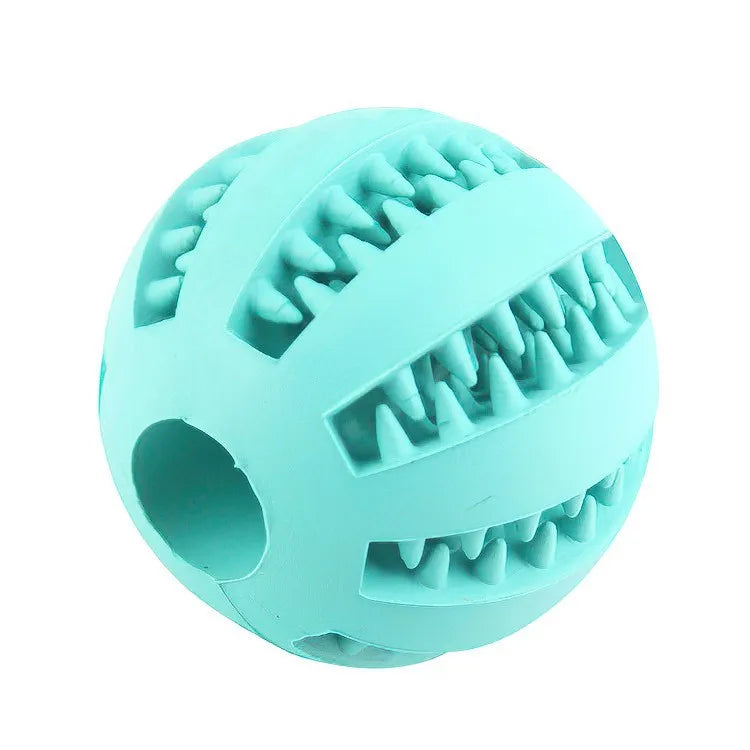 Teal rubber ball with textured surface on a white background