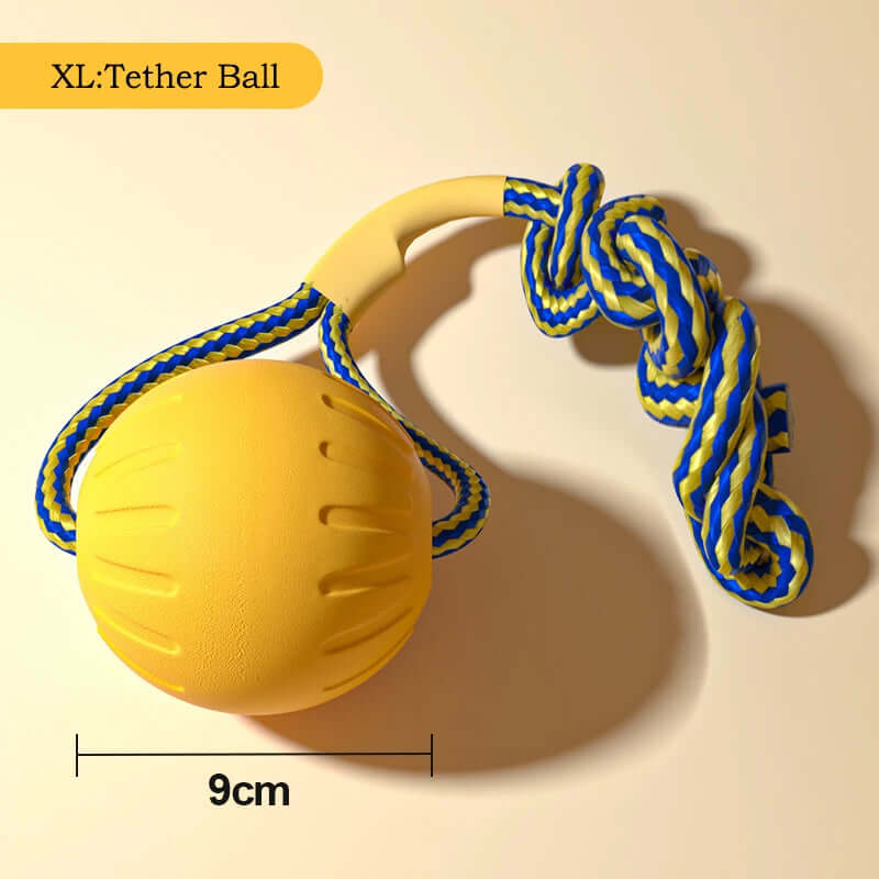 Yellow dog toy with blue and yellow rope on a beige background