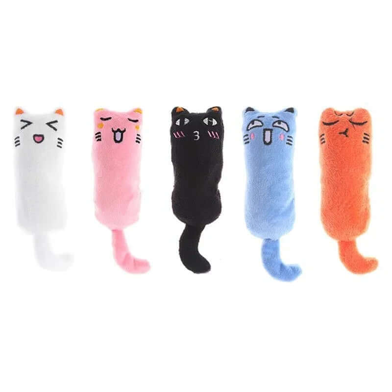 Five colorful cat-shaped toys on a white background