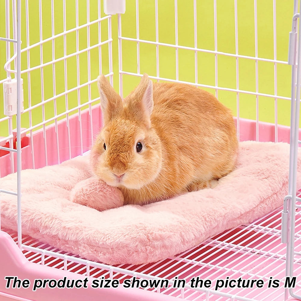 Orange rabbit on a pink cushion in a pet cage with a green background