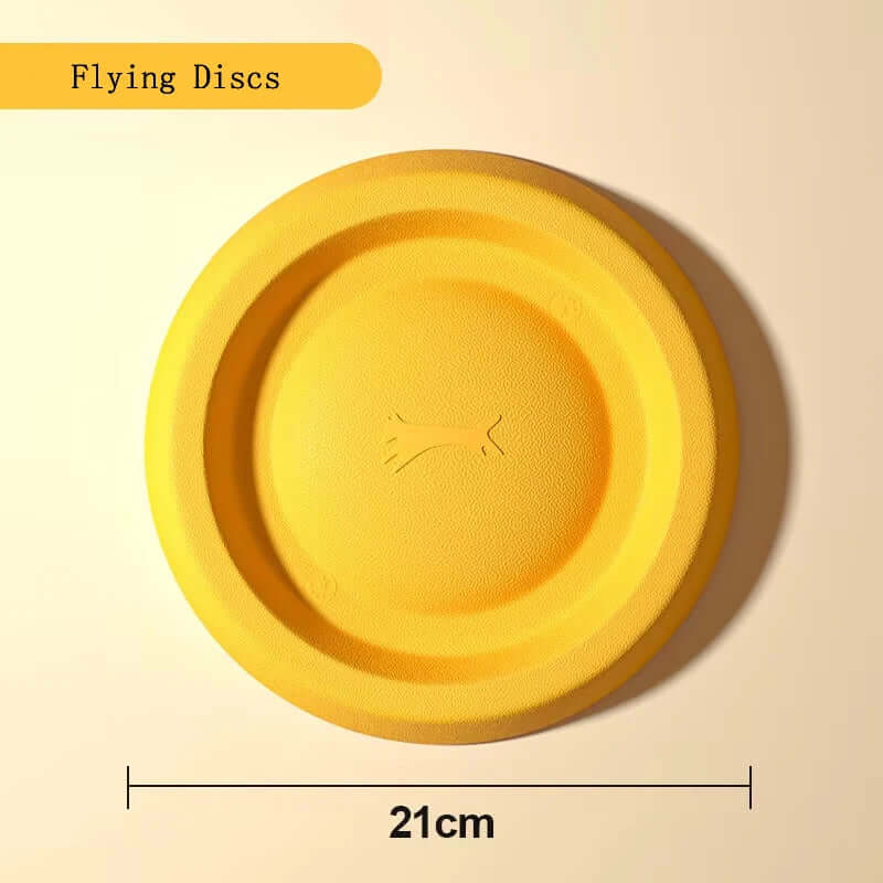 Yellow flying disc with brand logo on a beige background