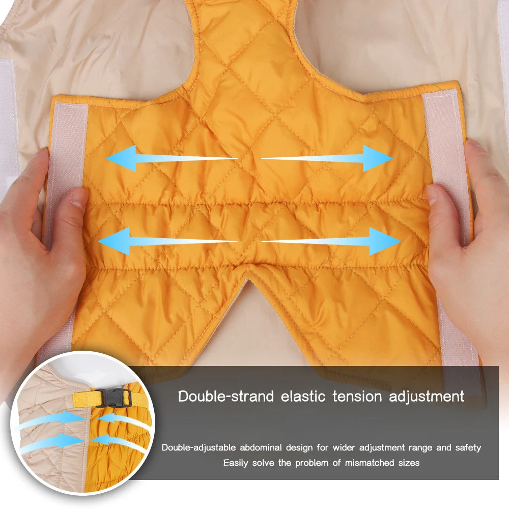 Orange quilted vest with double-strand elastic tension adjustment feature, held by hands on a light background.