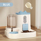 Pet feeding and water station with blue accents on a wooden floor.