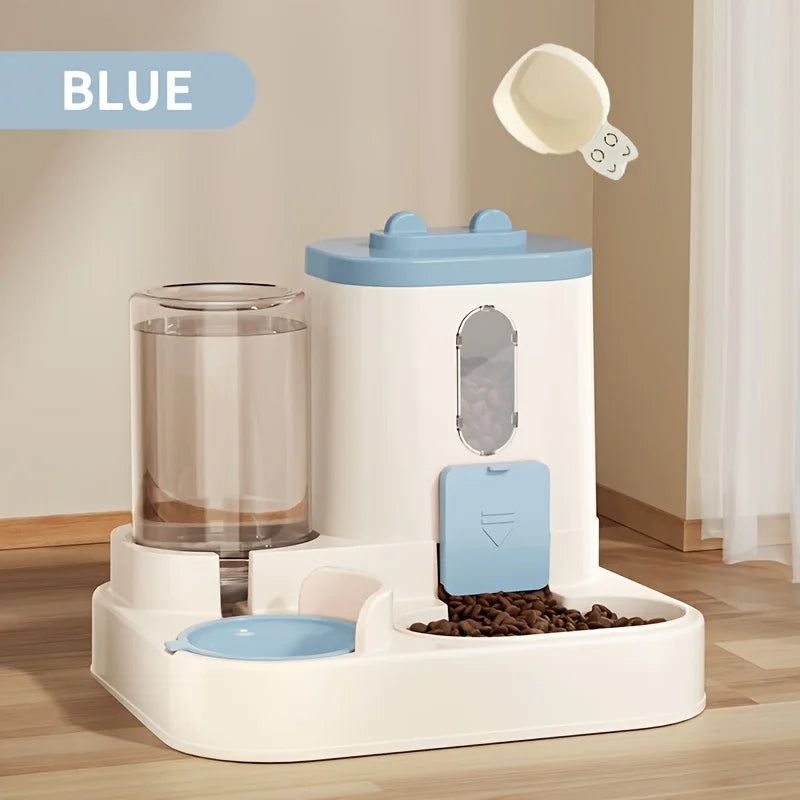 Pet feeding and water station with blue accents on a wooden floor.