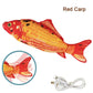 Red carp-shaped toy with a white cable on a white background