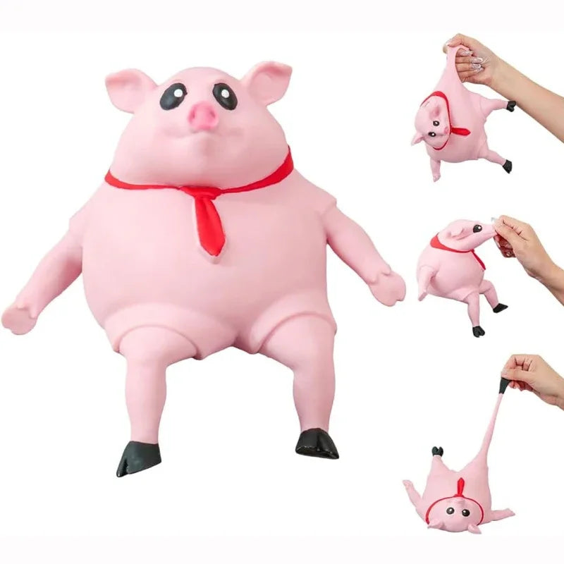 Pink plush pig toy with a red bow, shown in various positions on a white background.