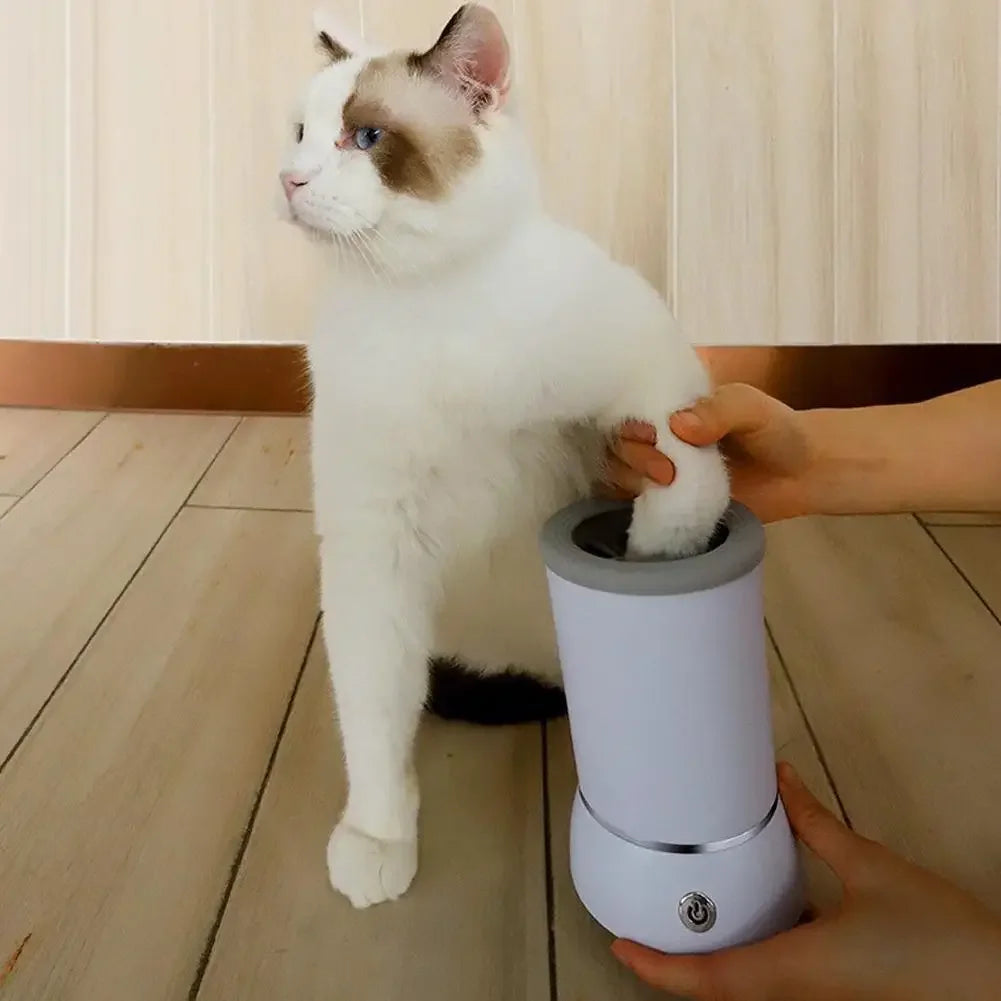 Cat being groomed with a handheld grooming tool on a wooden floor.