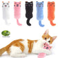 Five colorful cat-shaped toys with a cat playing with one of them on a white background.