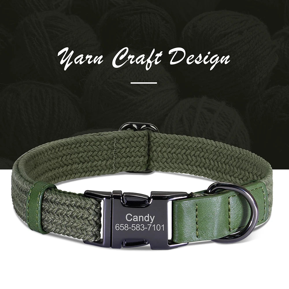 Green woven dog collar with a black metal buckle and engraved nameplate on a dark yarn background.