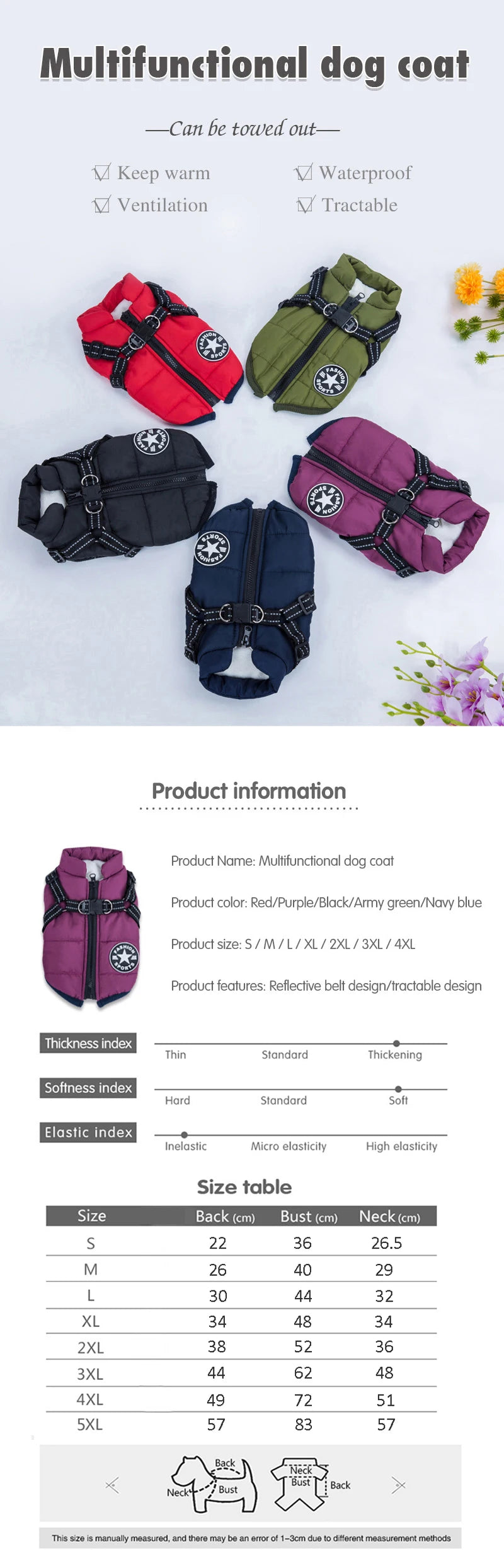Multifunctional dog coats in various colors with product information and size chart.