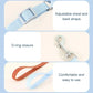 Dog leash with adjustable straps, D-ring closure, and text describing features on a light blue background.