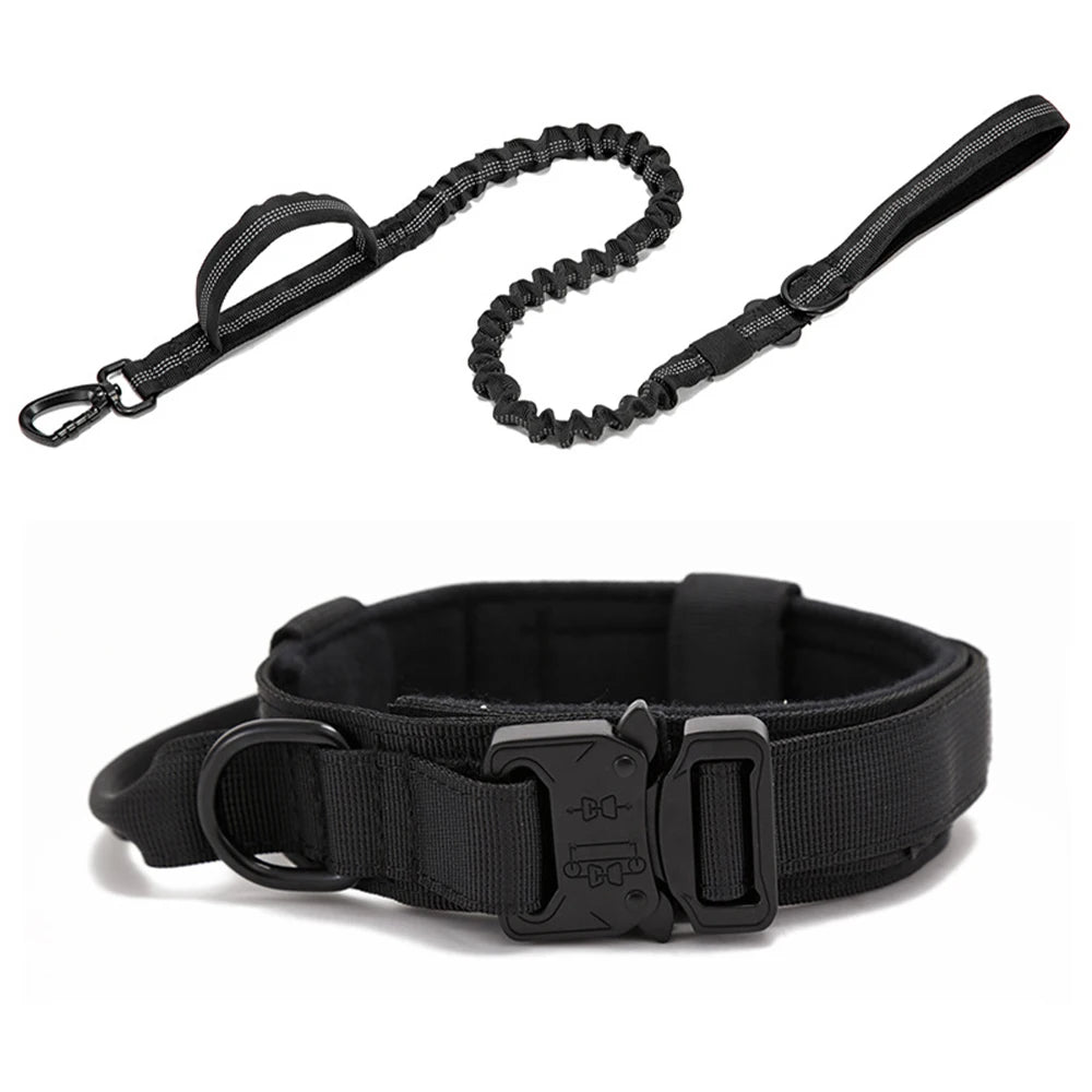 Black dog collar and leash set on a white background