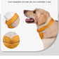 Dog wearing a yellow and white V-shaped neck design product with text on a white background