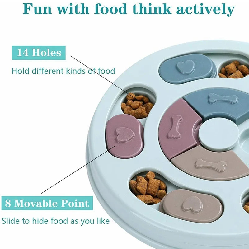 Pet puzzle feeder with food compartments and text indicating features