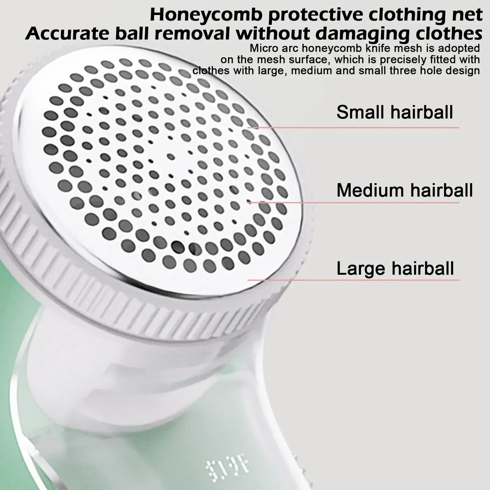 Hair removal tool with text explaining its use for hairballs of different sizes on a white background.