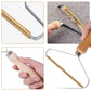 Collage of a metal tool with wooden handle, showing different angles and usage on fabric.