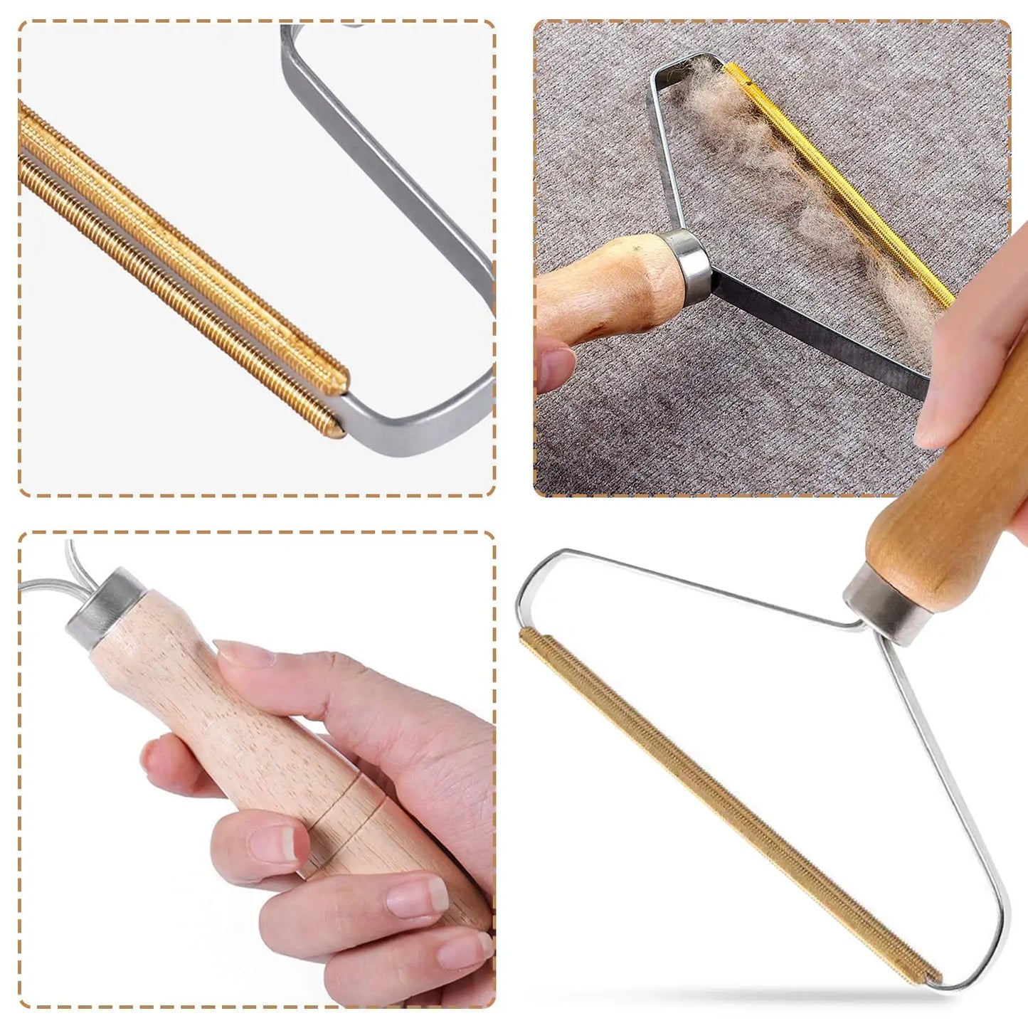 Collage of a metal tool with wooden handle, showing different angles and usage on fabric.