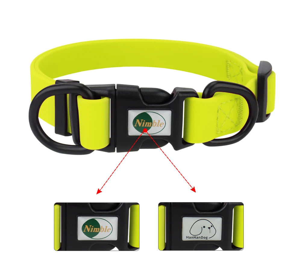 Neon green dog collar with black hardware on a white background, featuring the Nimble brand logo.