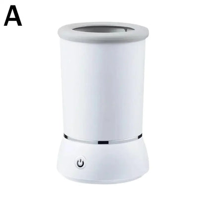 White cylindrical lamp with power symbol on a white background