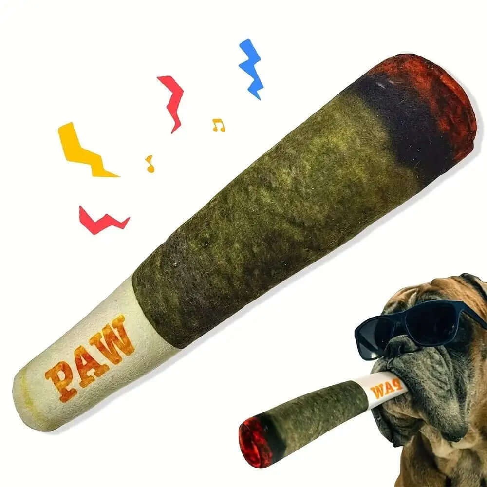 Dog toy resembling a joint with 'PAW' branding, accompanied by a dog wearing sunglasses.
