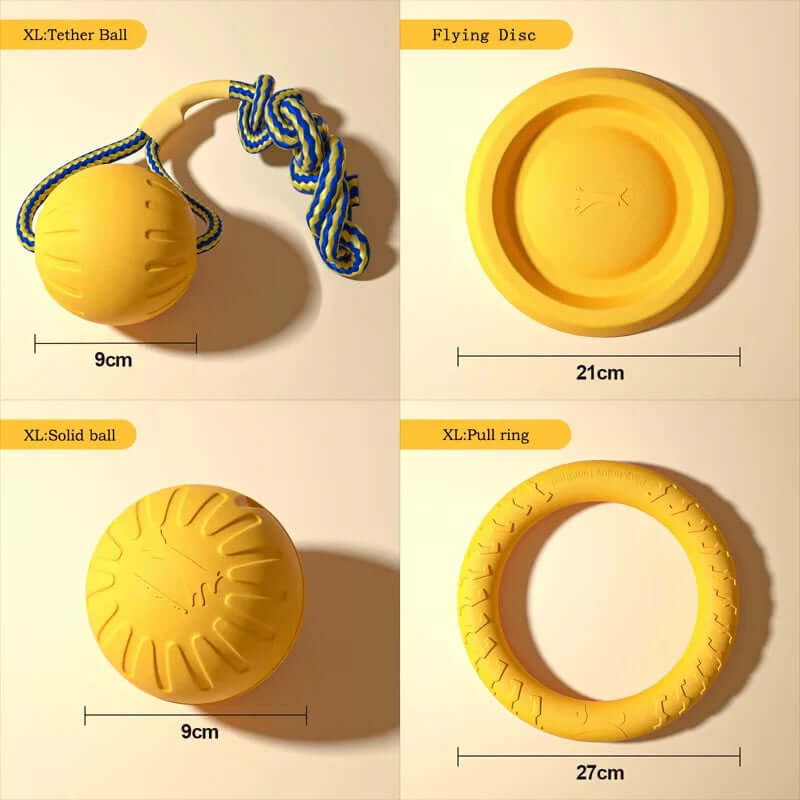 Set of yellow dog toys with measurements on a beige background