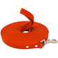 Orange dog leash with a metal clip on a white background