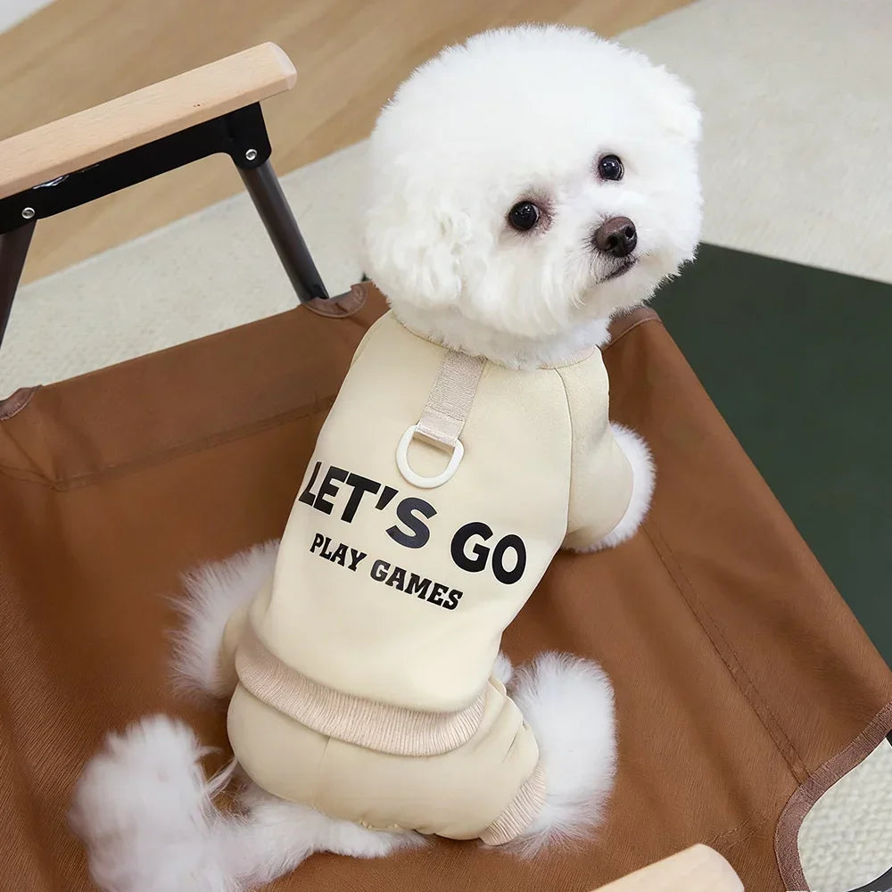 Small white dog wearing a beige outfit with 'LET'S GO PLAY GAMES' text, sitting on a brown chair.