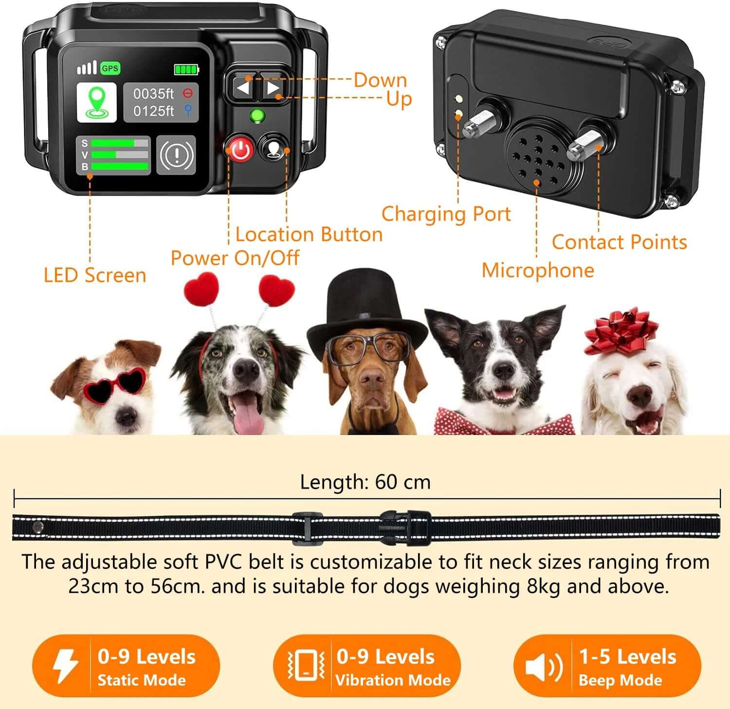 Dog training collar with labeled parts and features, including dogs wearing accessories.