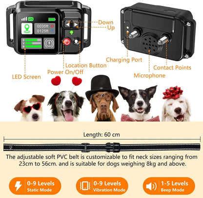 Dog training collar with labeled parts and features, including dogs wearing accessories.