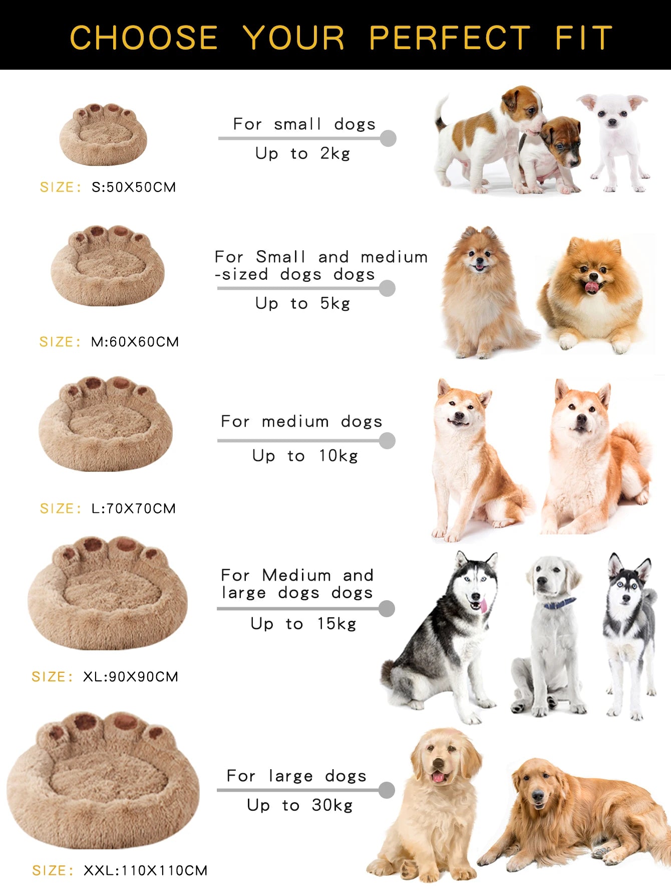 Dog bed size chart with images of dogs and corresponding bed sizes.