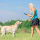 Woman in a blue top and black skirt playing with a dog in a grassy field.