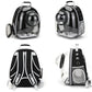 Black and clear pet carrier backpack shown from multiple angles on a white background