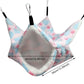 Plush pet hammock with floral pattern and measurement details on a white background