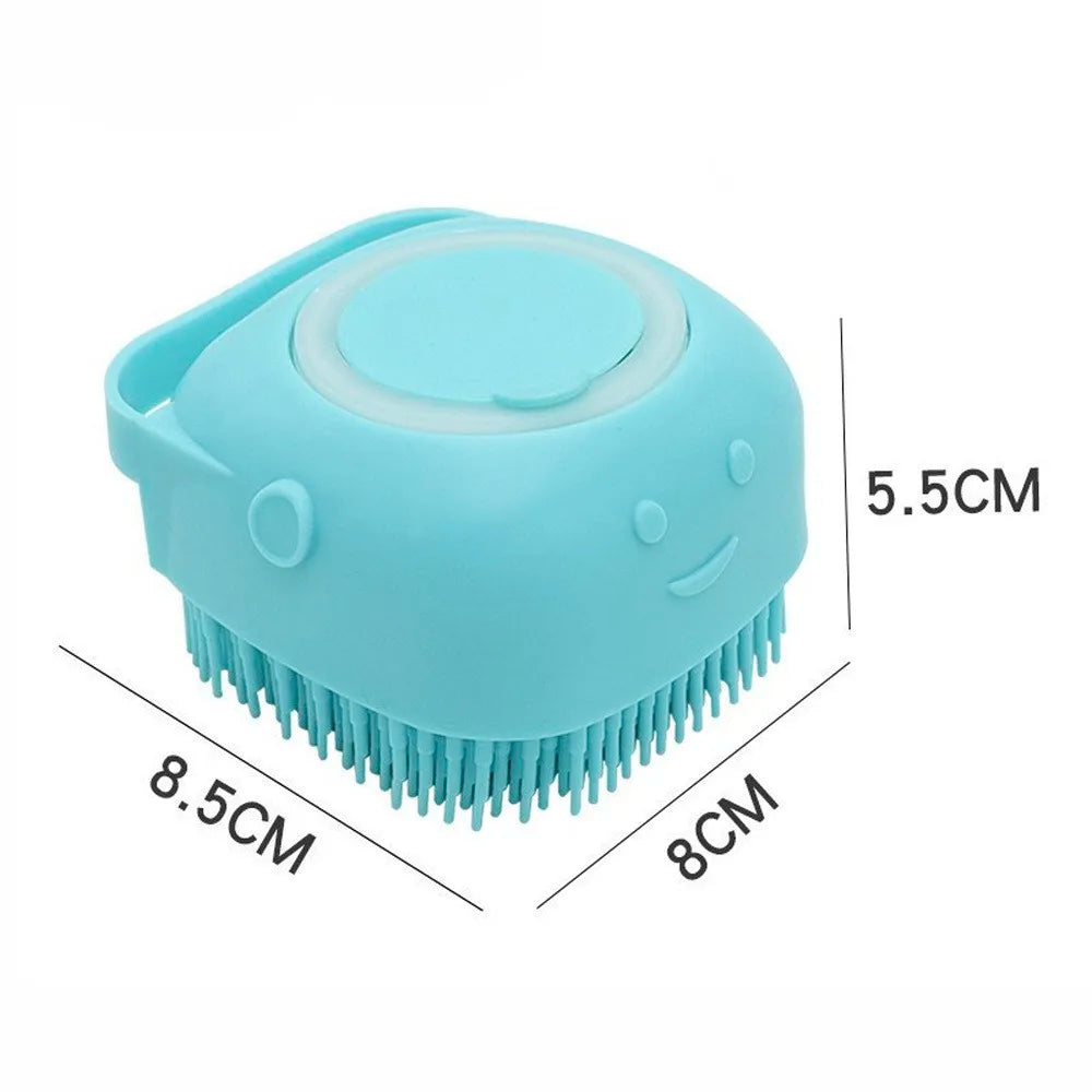 Blue silicone scrubber with dimensions on a white background