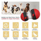 Dog toy with text and icons indicating benefits for dogs, surrounded by images of various dogs.