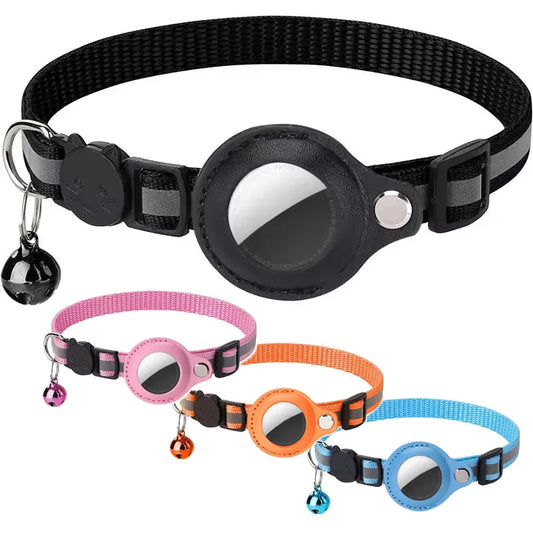 Set of colorful pet collars with reflective lenses and bells on a white background