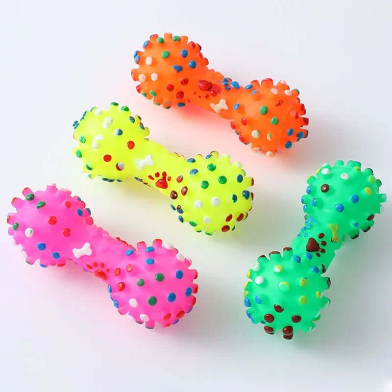 Colorful textured dog toys on a white background