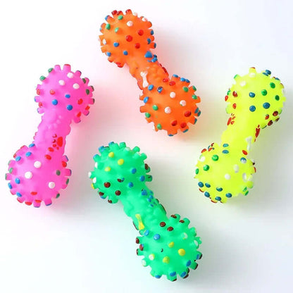 Colorful dog toys with textured surfaces on a white background