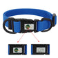 Blue dog collar with black buckle featuring a brand logo on a white background